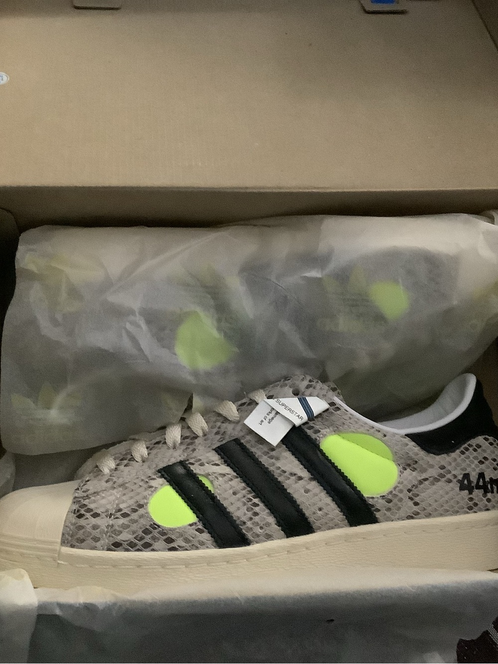 adidas men’s Gray Snake Print Sneakers with Neon Green Accents